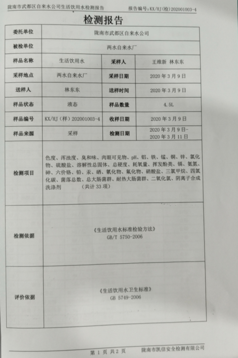 2020年3月17日武都城區(qū)飲用水檢測報告