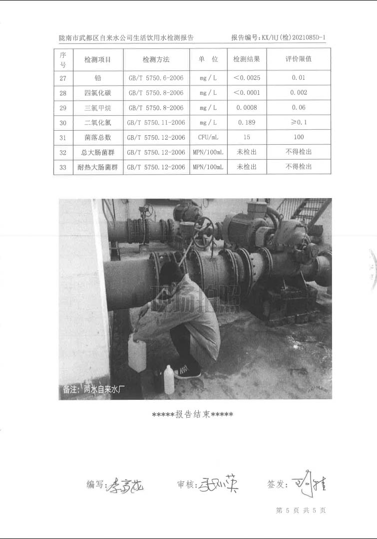 2021年11月16日武都城區(qū)飲用水檢測(cè)報(bào)告