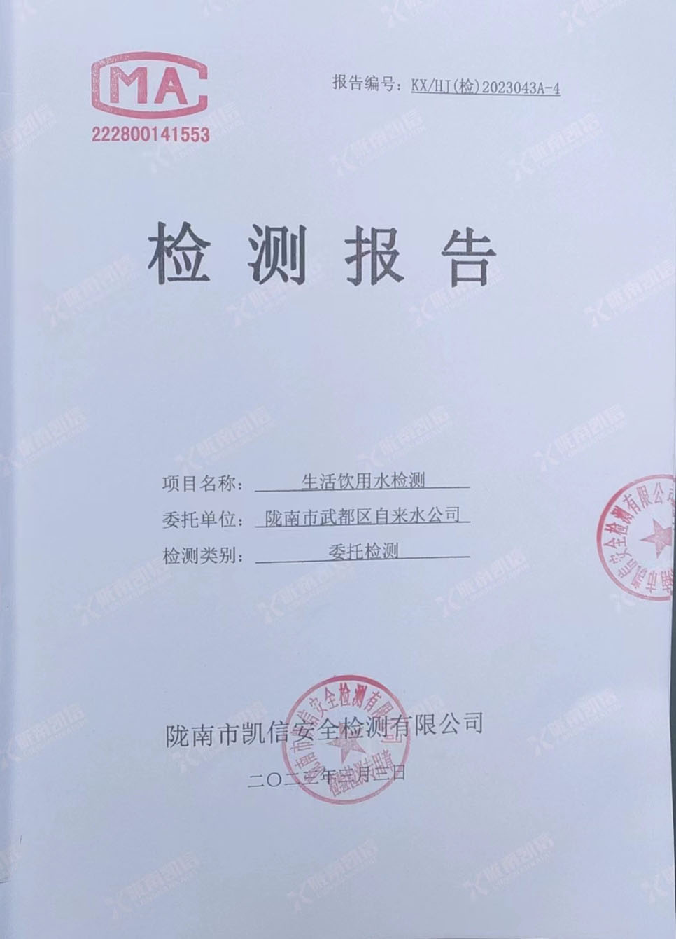 2023年3月3日武都城區(qū)飲用水檢測(cè)報(bào)告